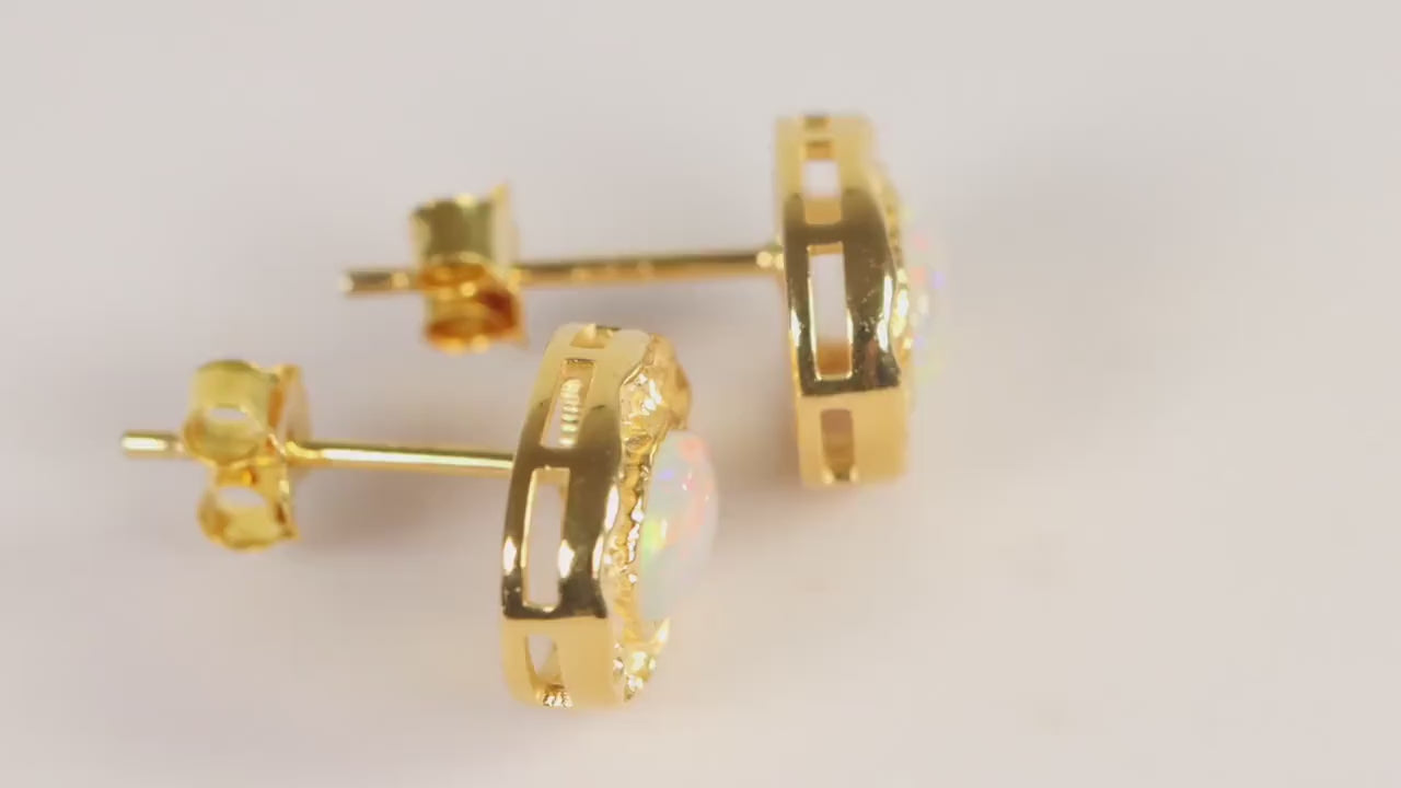 Sterling Silver 925 Gold Plated Textured Oval White Pink Opal Set Studs