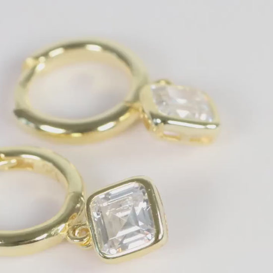 Sterling Silver 925 Gold Plated Hoops with White Square CZ Dropper