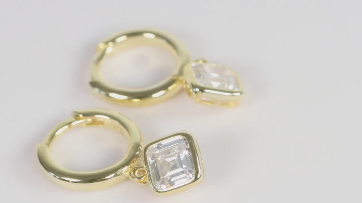 Sterling Silver 925 Gold Plated Hoops with White Square CZ Dropper