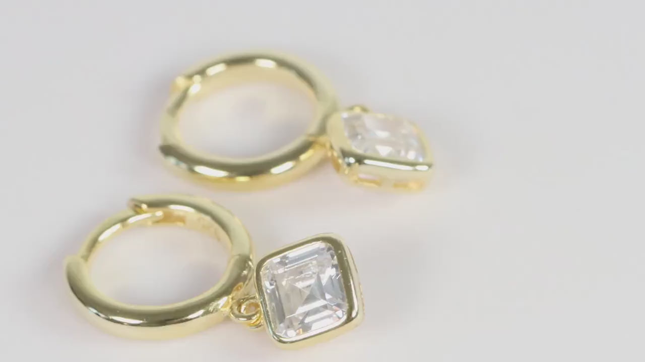 Sterling Silver 925 Gold Plated Hoops with White Square CZ Dropper