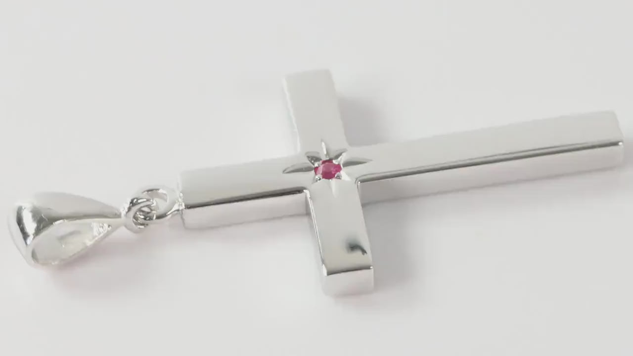Medium Silver Cross Pendant set with Ruby Gemstone