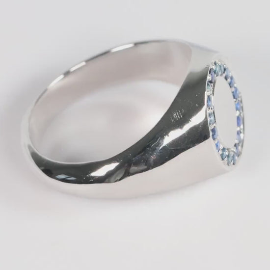 Silver Oval Signet Ring set with Blue Sapphire Gemstones