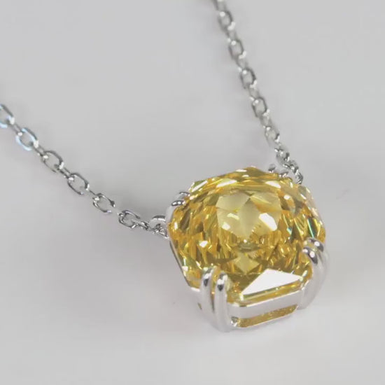 Yellow Cushion Cut CZ Necklace, Silver Solitaire Rose Pendant, Gift for Her
