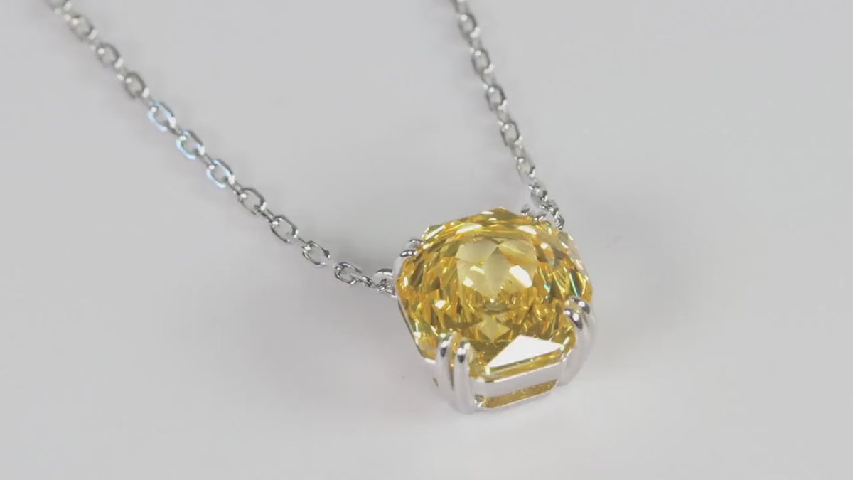 Yellow Cushion Cut CZ Necklace, Silver Solitaire Rose Pendant, Gift for Her