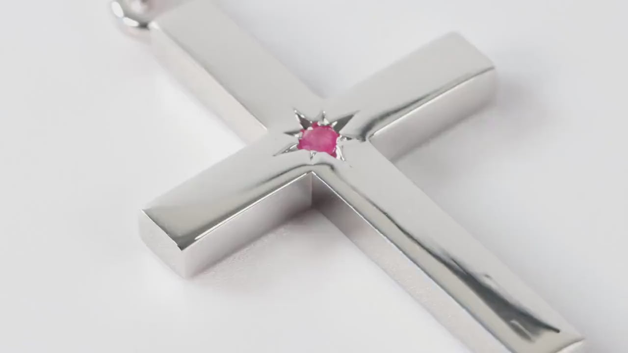 Silver Cross Pendant set with Ruby Gemstone
