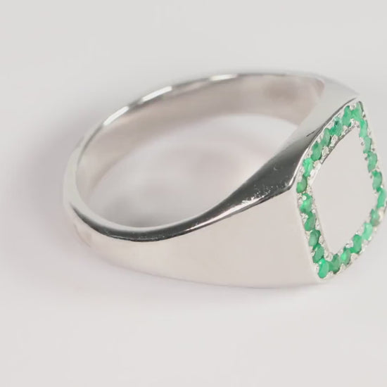 Silver Cushion Signet Ring set with Green Emerald Gemstones