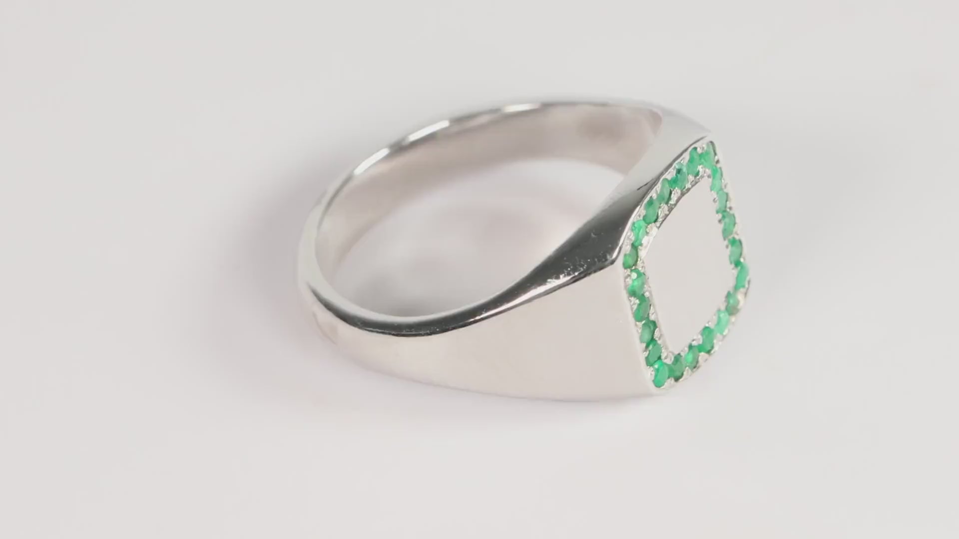 Silver Cushion Signet Ring set with Green Emerald Gemstones