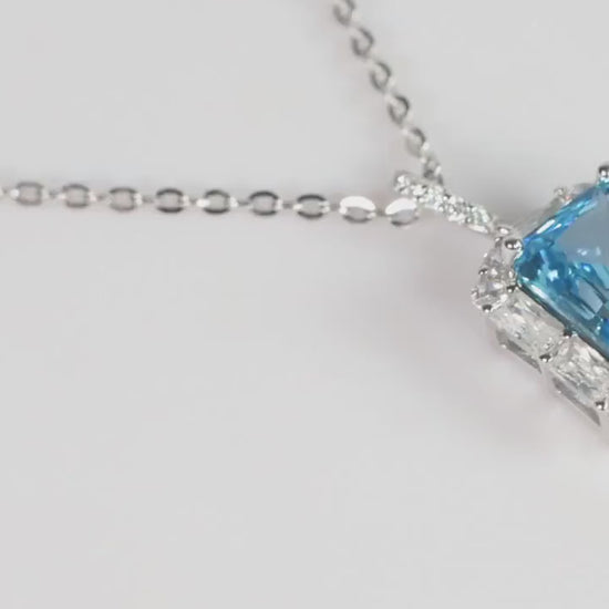 Blue Emerald Cut CZ Pendant Necklace, Silver Sparkling Statement Jewellery, Gift for Her