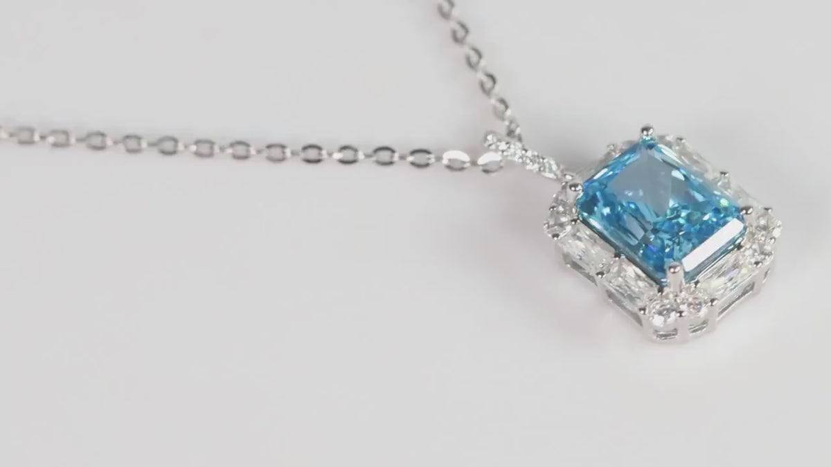 Blue Emerald Cut CZ Pendant Necklace, Silver Sparkling Statement Jewellery, Gift for Her