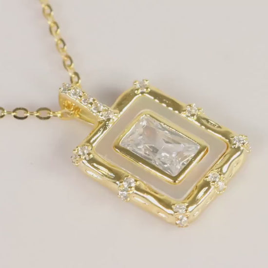 Gold Rectangular CZ Pendant Necklace, White Enamel Statement Jewellery, Gift for Her