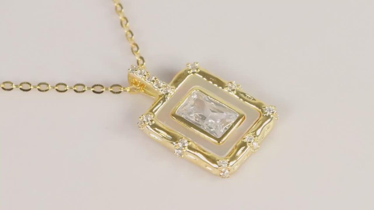 Gold Rectangular CZ Pendant Necklace, White Enamel Statement Jewellery, Gift for Her
