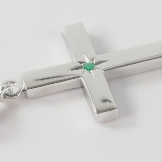 Medium Silver Cross Pendant set with Emerald Gemstone