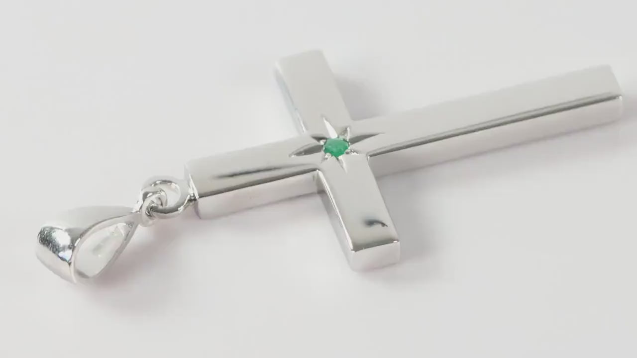 Medium Silver Cross Pendant set with Emerald Gemstone