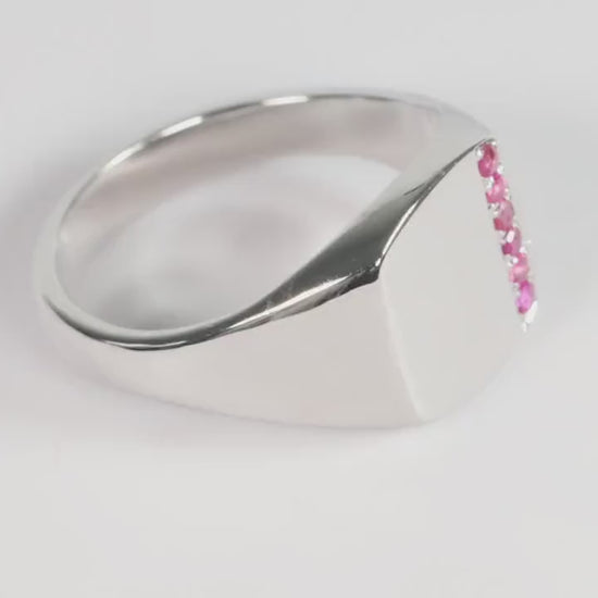 Silver Cushion Signet Ring set with Red Ruby Gemstones