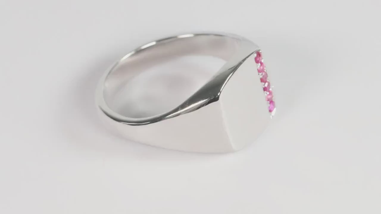 Silver Cushion Signet Ring set with Red Ruby Gemstones