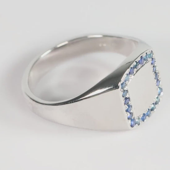 Silver Cushion Signet Ring set with Blue Sapphire Gemstones