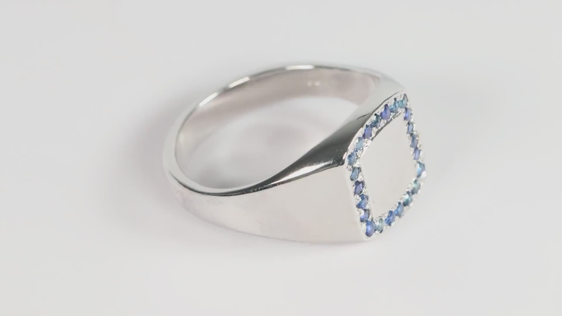 Silver Cushion Signet Ring set with Blue Sapphire Gemstones