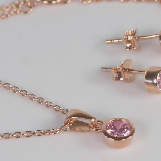 Sterling Silver 18ct Rose Gold Plated October Birthstone Earrings & Necklace Set