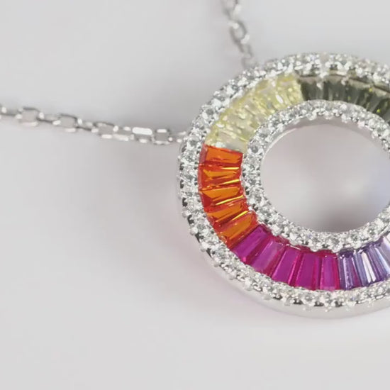 Rainbow Gemstone CZ Circle Halo Necklace, Silver Statement Pendant, Gift for Her