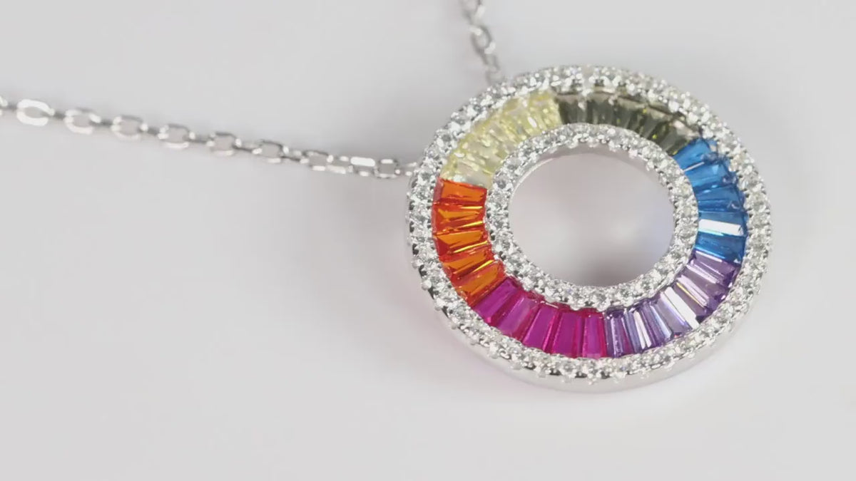 Rainbow Gemstone CZ Circle Halo Necklace, Silver Statement Pendant, Gift for Her