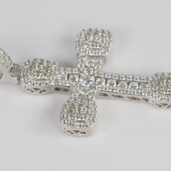 Sterling Silver 925 Medium Chunky CZ Encrusted Budded Cross Pendant Necklace