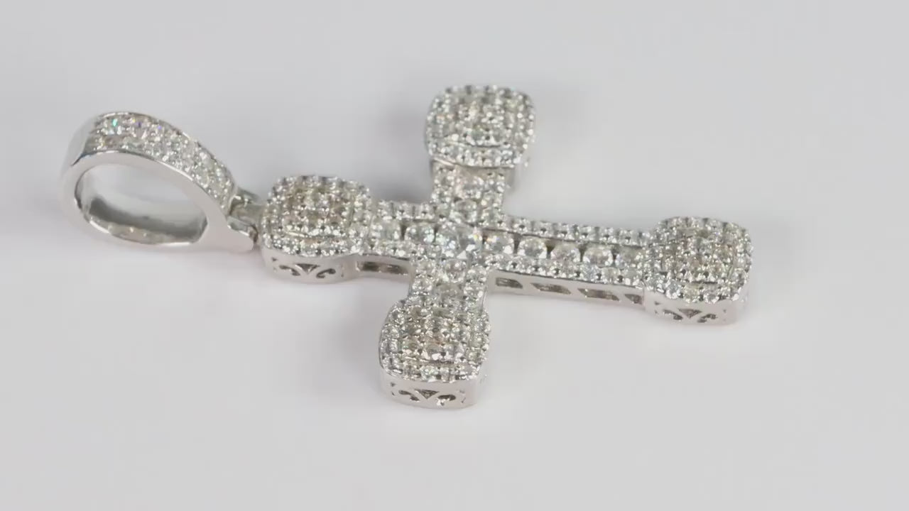 Sterling Silver 925 Medium Chunky CZ Encrusted Budded Cross Pendant Necklace
