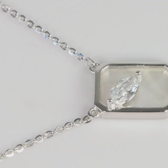 Silver Mother of Pearl Marquise CZ Pendant, Geometric Necklace, Gift for Her