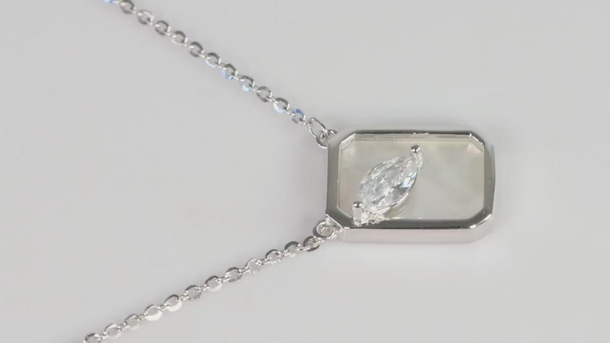 Silver Mother of Pearl Marquise CZ Pendant, Geometric Necklace, Gift for Her