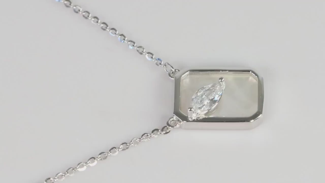 Silver Mother of Pearl Marquise CZ Pendant, Geometric Necklace, Gift for Her