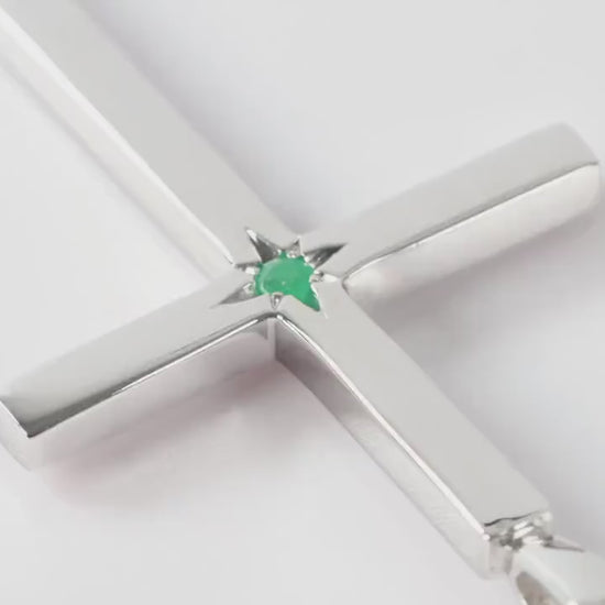 Slim Silver Cross Pendant set with Emerald Gemstone