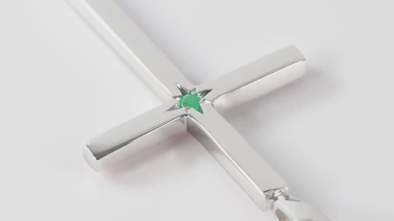 Slim Silver Cross Pendant set with Emerald Gemstone