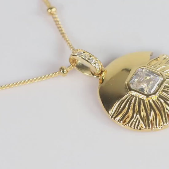 Gold Sunburst CZ Pendant Necklace, Art Deco Statement Jewellery, Gift for Her