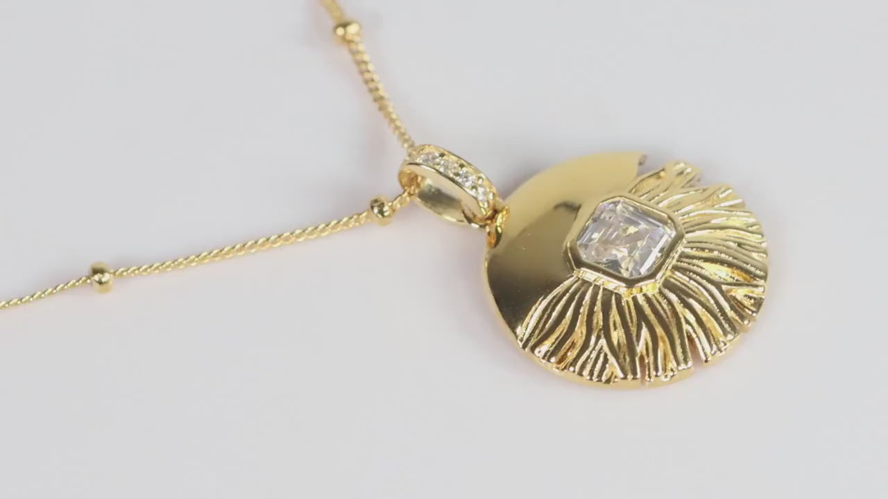 Gold Sunburst CZ Pendant Necklace, Art Deco Statement Jewellery, Gift for Her