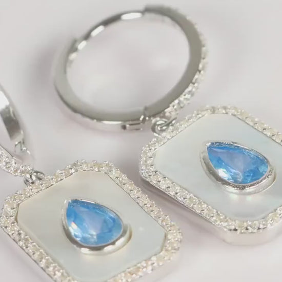 Sterling Silver 925 Rectangular Mother of Pearl and Blue Teardrop CZ
