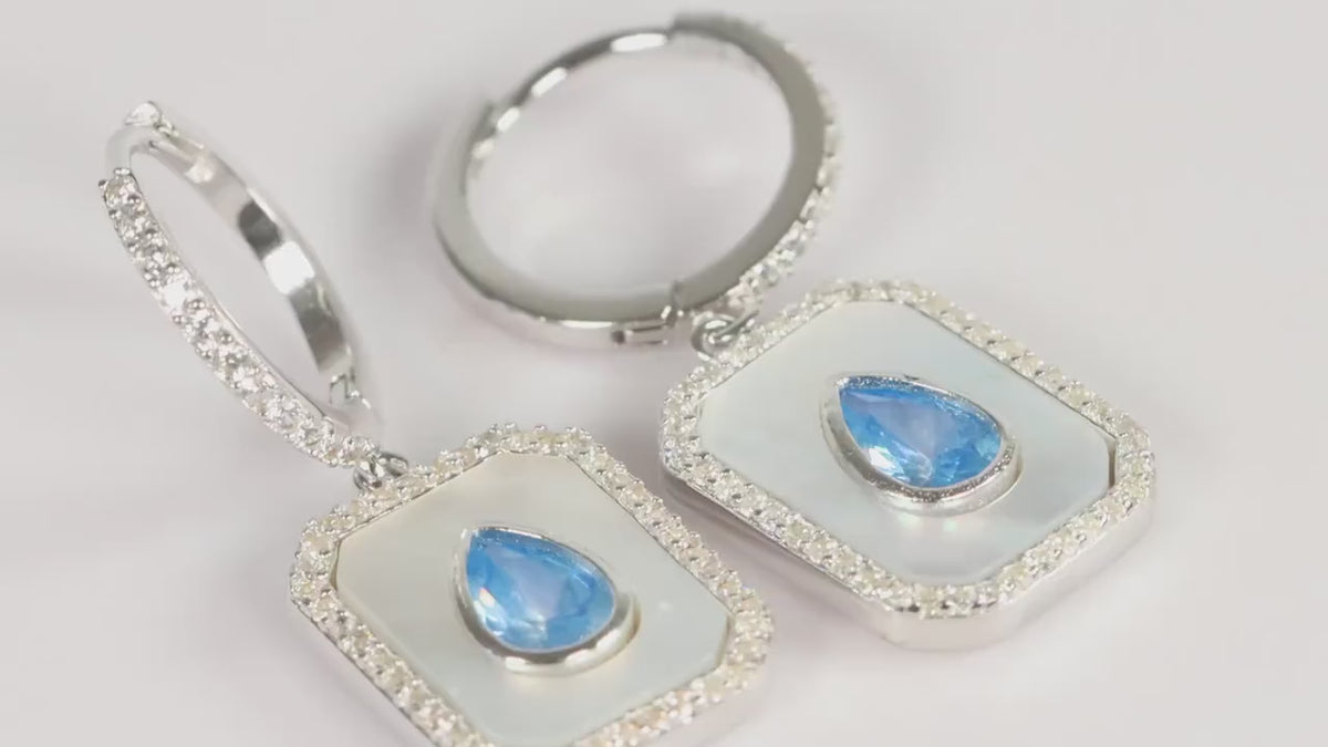 Sterling Silver 925 Rectangular Mother of Pearl and Blue Teardrop CZ