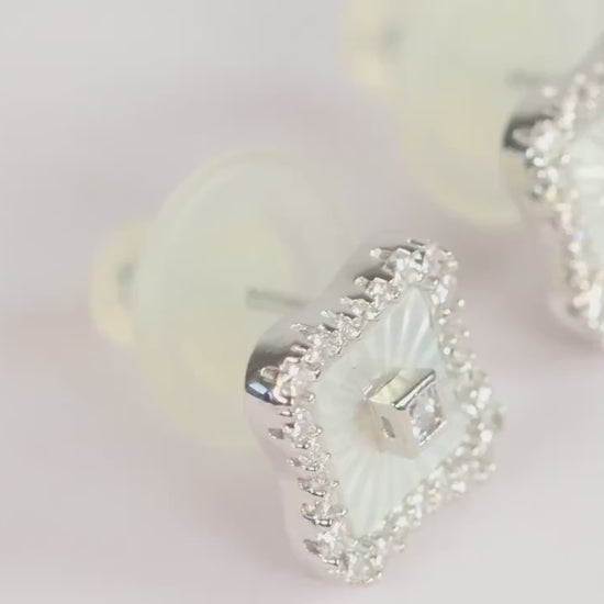 Sterling Silver 925 Square White Mother of Pearl Studs and Halo set CZs