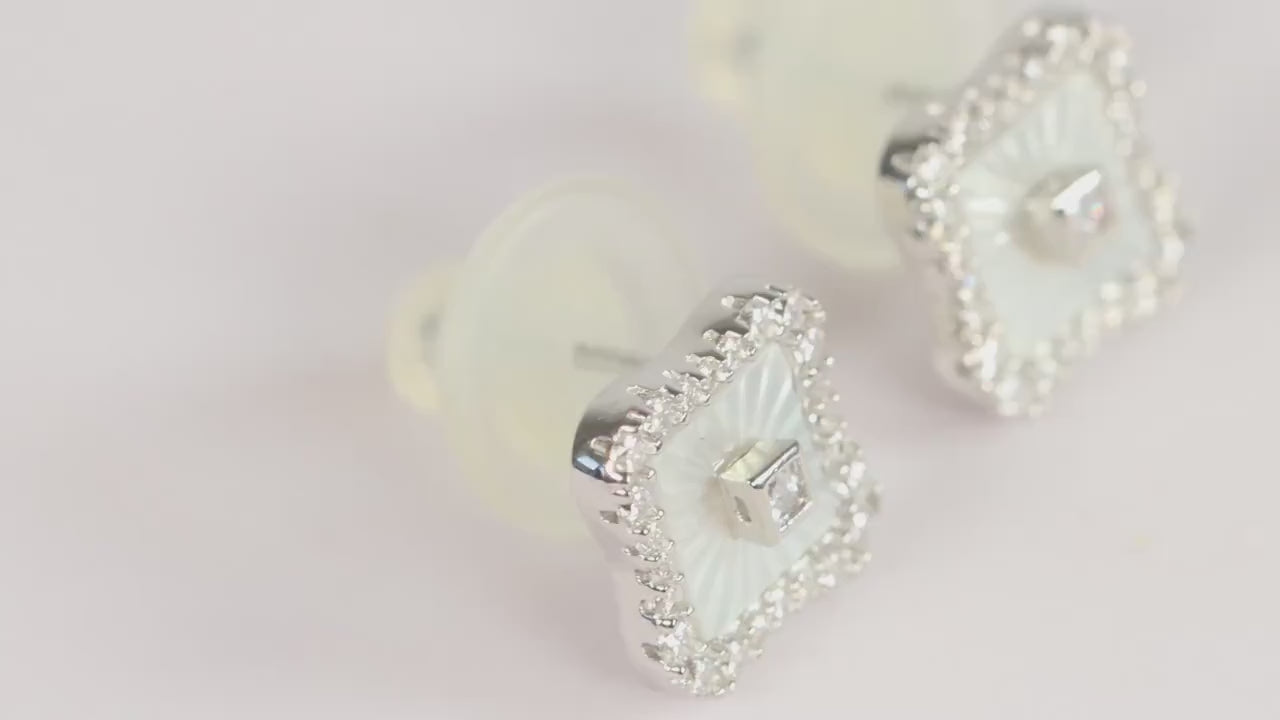 Sterling Silver 925 Square White Mother of Pearl Studs and Halo set CZs