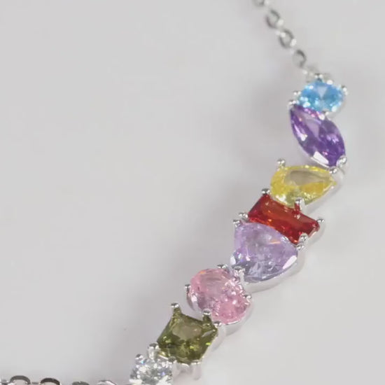 Silver Rainbow Gemstone Necklace, Multi Colour CZ Bar Pendant, Gift for Her
