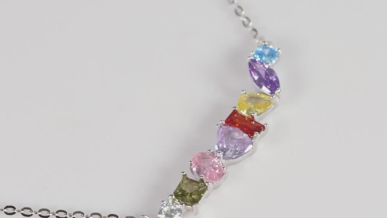 Silver Rainbow Gemstone Necklace, Multi Colour CZ Bar Pendant, Gift for Her