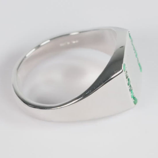 Silver Cushion Signet Ring set with Green Emerald Gemstones