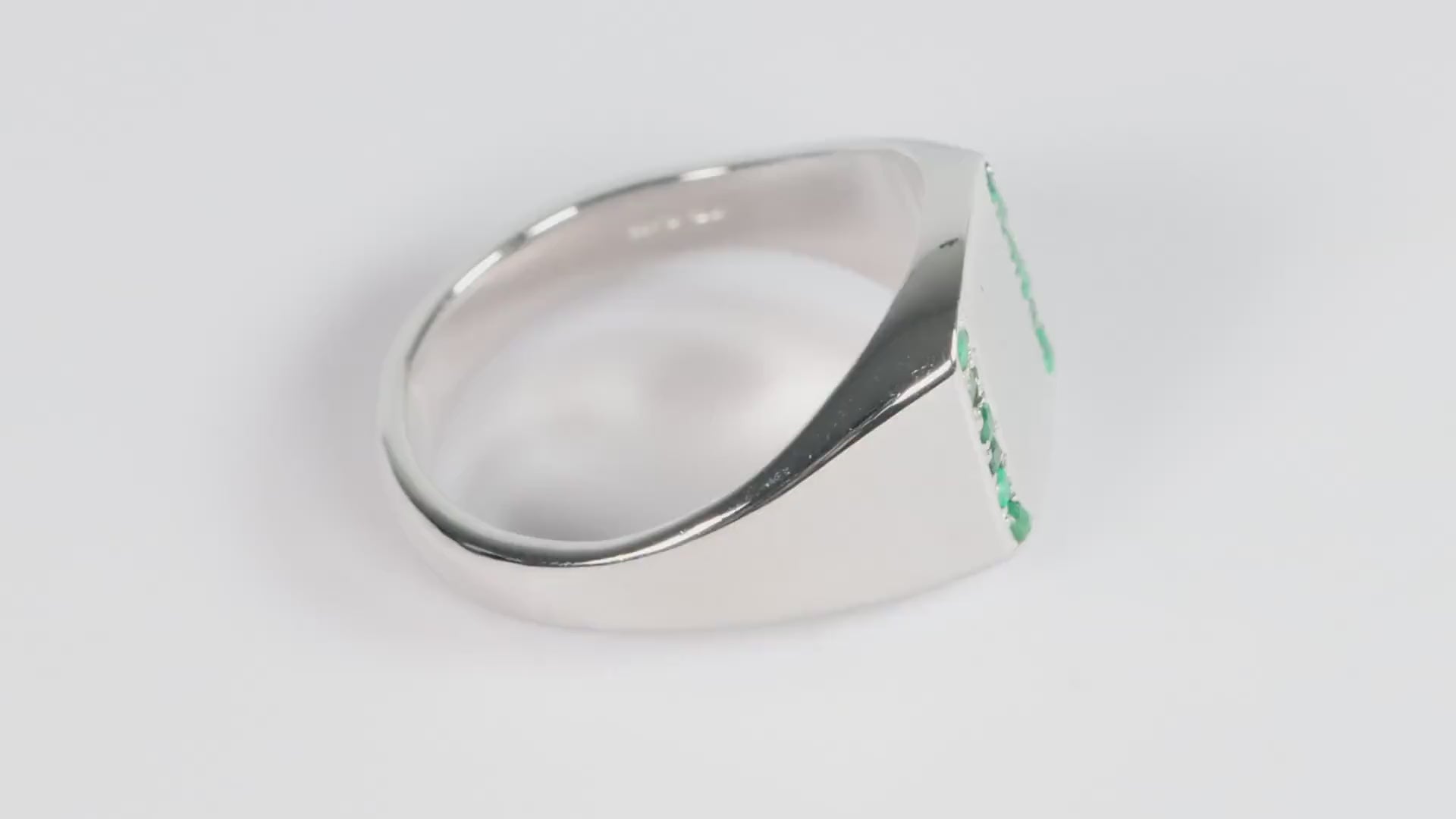 Silver Cushion Signet Ring set with Green Emerald Gemstones