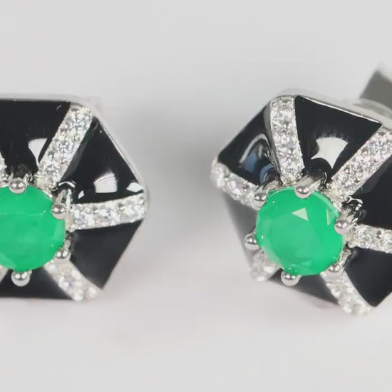 Sterling Silver 925 Black Enamel Hexagonal Studs set with Green and White CZs
