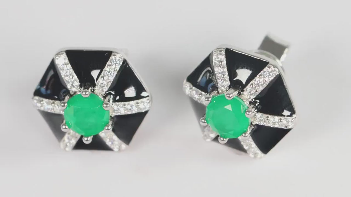 Sterling Silver 925 Black Enamel Hexagonal Studs set with Green and White CZs