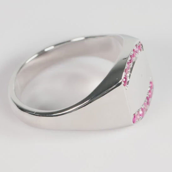 Silver Cushion Signet Ring set with Red Ruby Gemstones