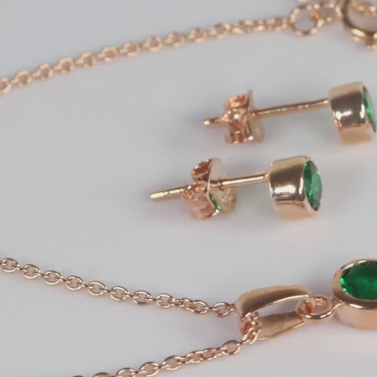 Sterling Silver 18ct Rose Gold Plated May Birthstone Earrings & Necklace Set