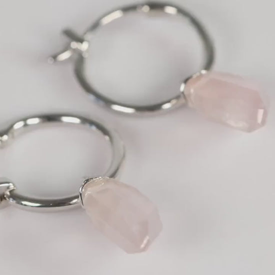 Sterling Silver 925 Rose Quartz Charm Hoop Earrings