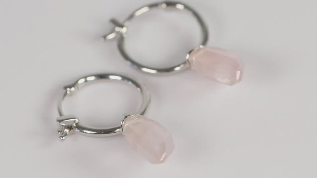 Sterling Silver 925 Rose Quartz Charm Hoop Earrings