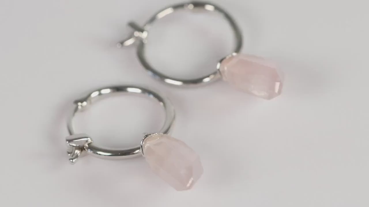 Sterling Silver 925 Rose Quartz Charm Hoop Earrings