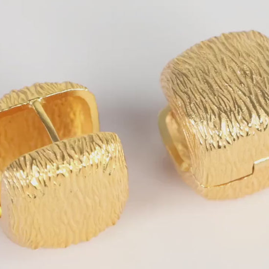 Sterling Silver 925 Gold Plated Textured Brushed Cube Square Hoops Huggies