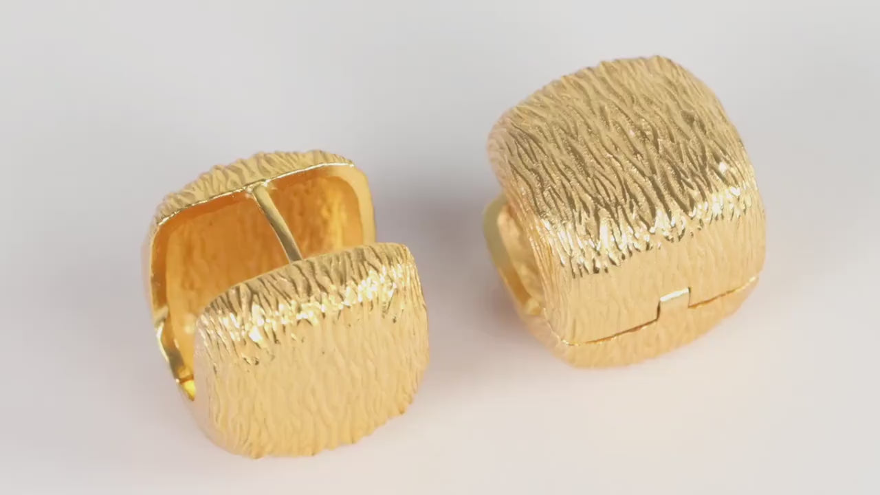 Sterling Silver 925 Gold Plated Textured Brushed Cube Square Hoops Huggies